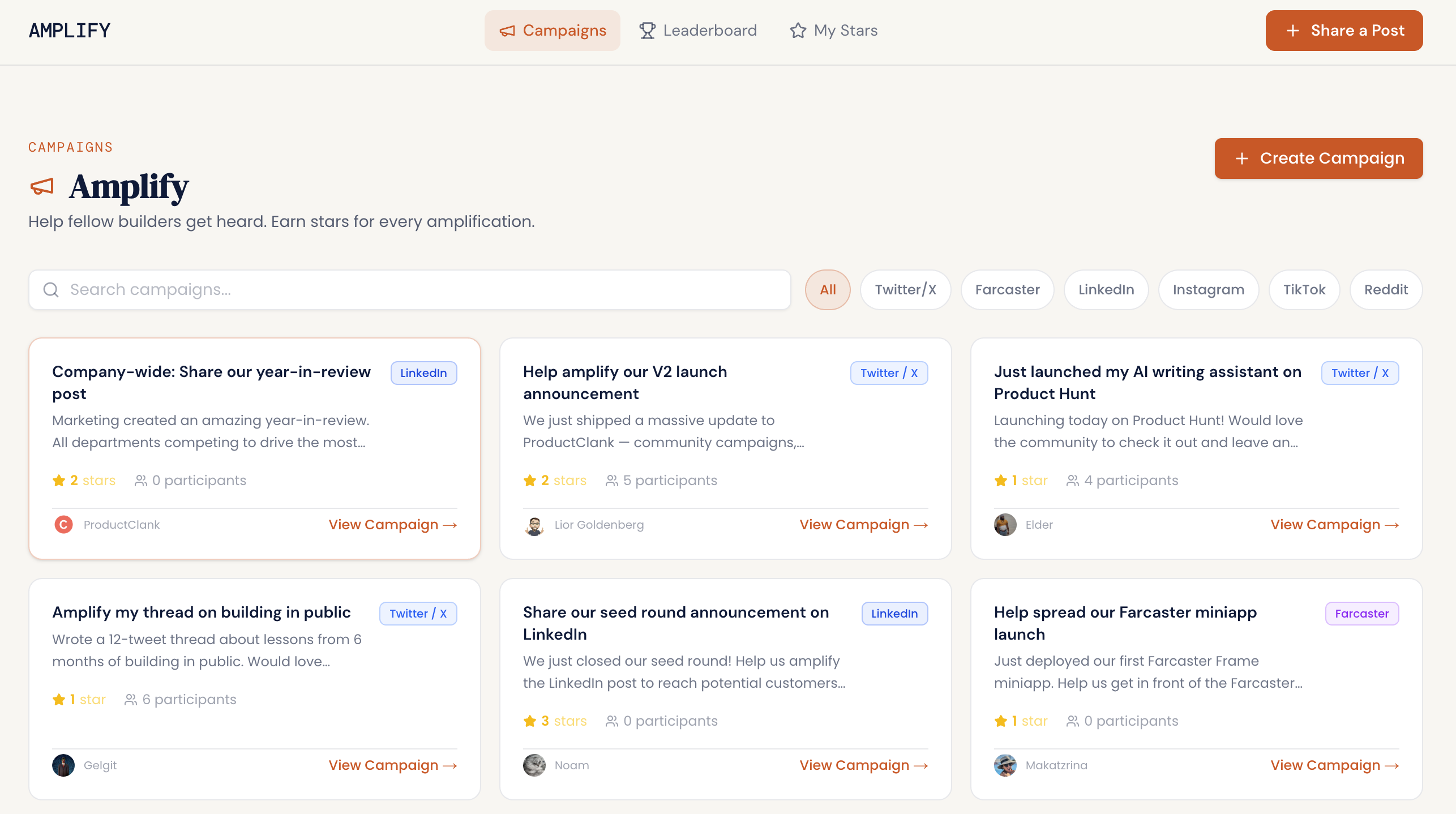 Amplify campaigns page showing active campaigns with platform badges, star rewards, and supporter counts